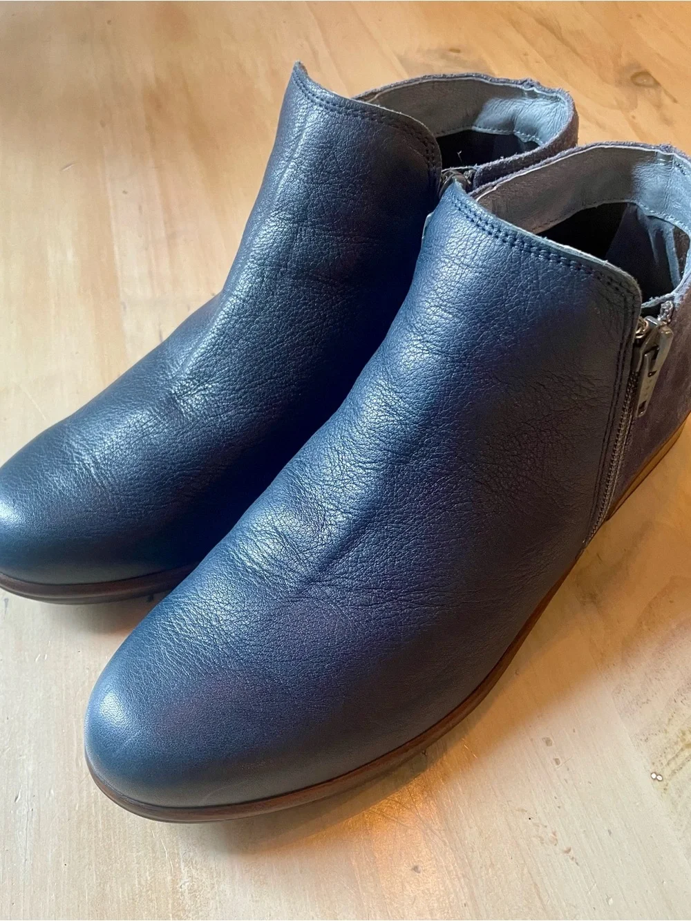 Naot Women's Navy Leather & Suede Ankle Booties with Side Zipper.